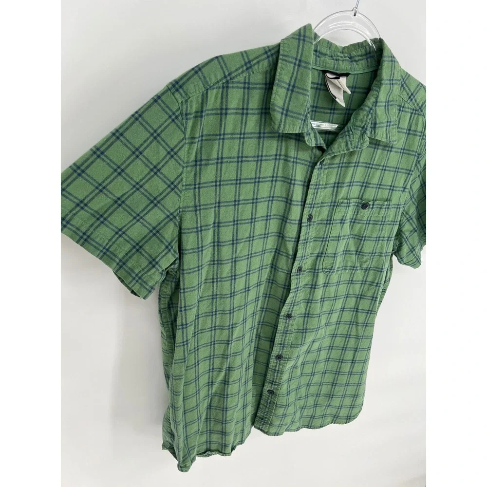 THE NORTH FACE Button Down Shirt Mens Large‎ Green Plaid Hemp Blend Short Sleeve